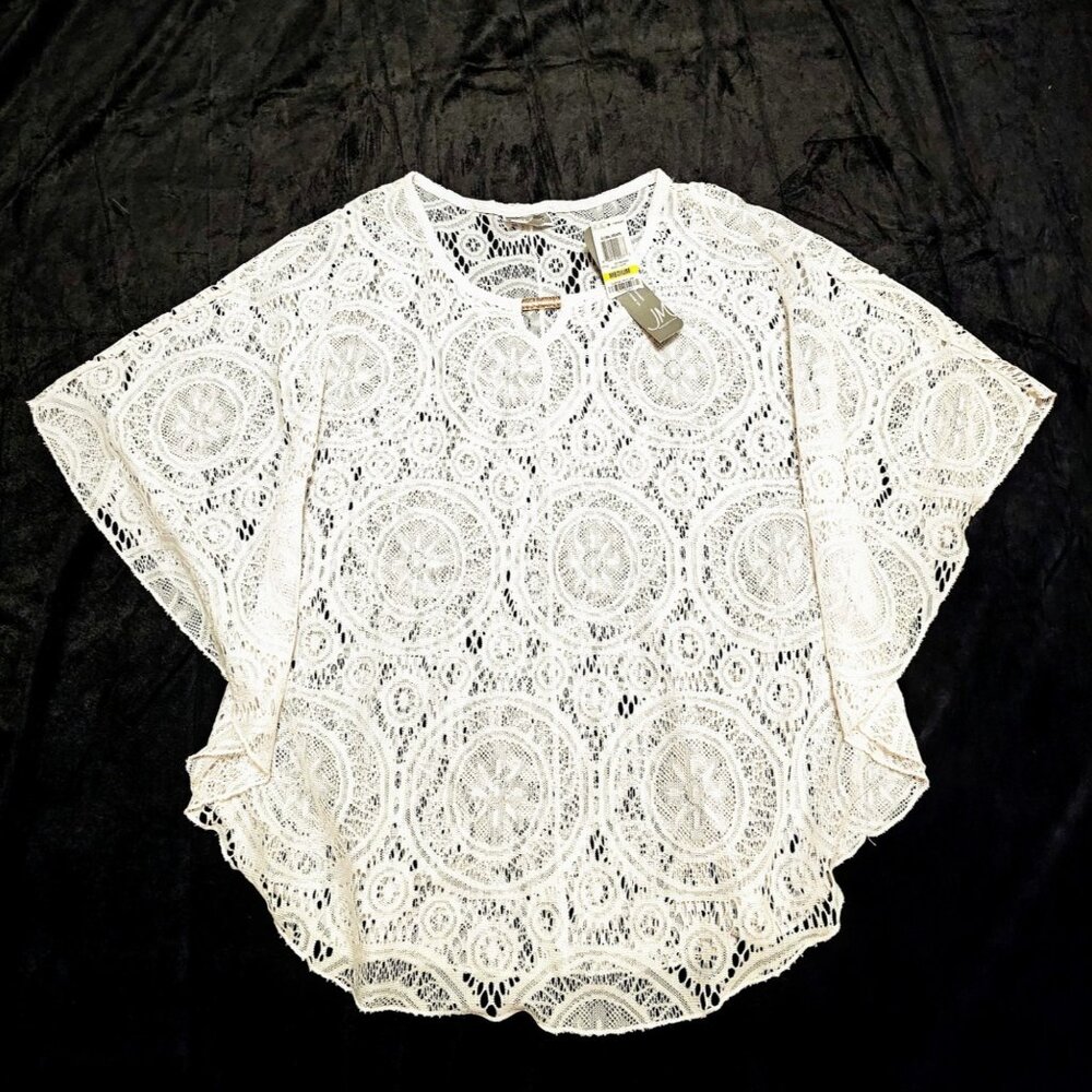 JM Collection NWT White Lace Eyelet Poncho Top Sz Med Boho Bridgerton Victorian
